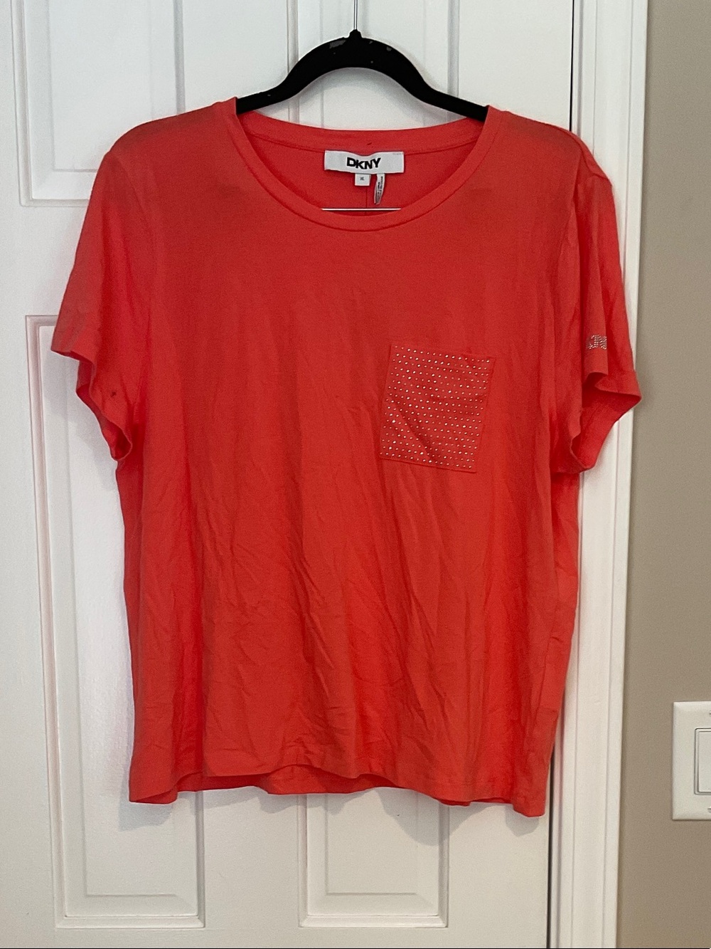 DKNY Men’s Coral-Red Short Sleeve Tee with Studded Pocket